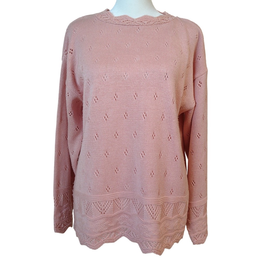 Pink Scalloped Trim Sweater Womens‎ Medium Open Knit Stitch Vintage Ellen D